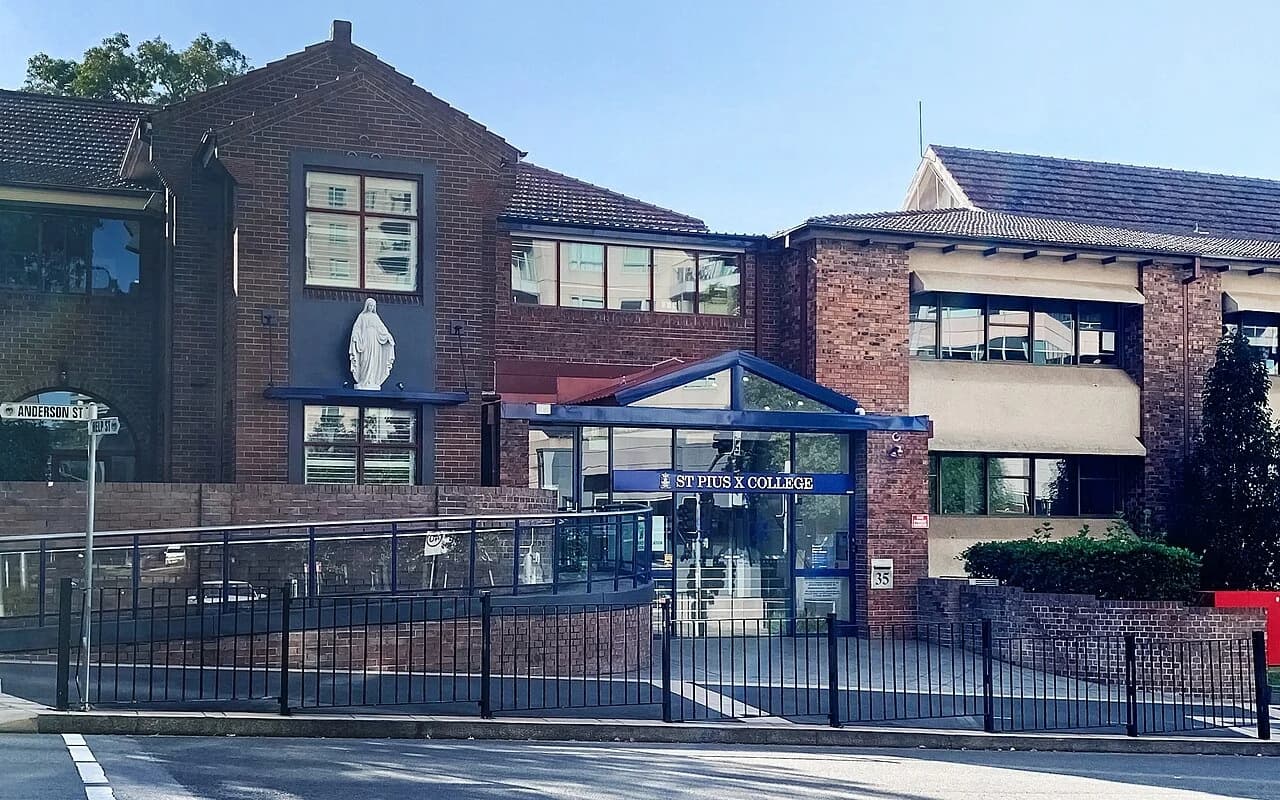 Front entrance and school buildings at St Pius X College in Chatswood, New South Wales.