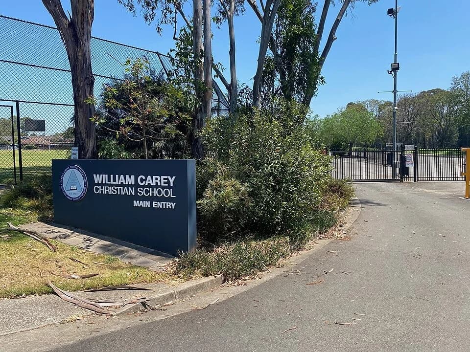 Campus entrance at William Carey Christian School, Prestons