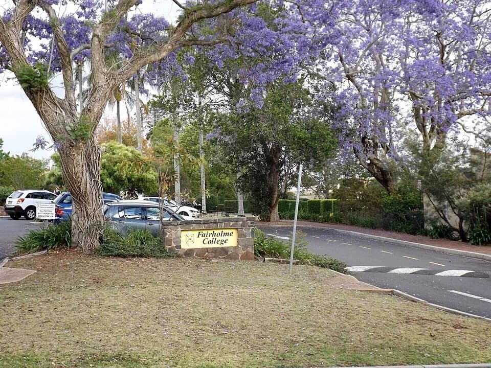Entrance and landscaped grounds at Fairholme College in Toowoomba